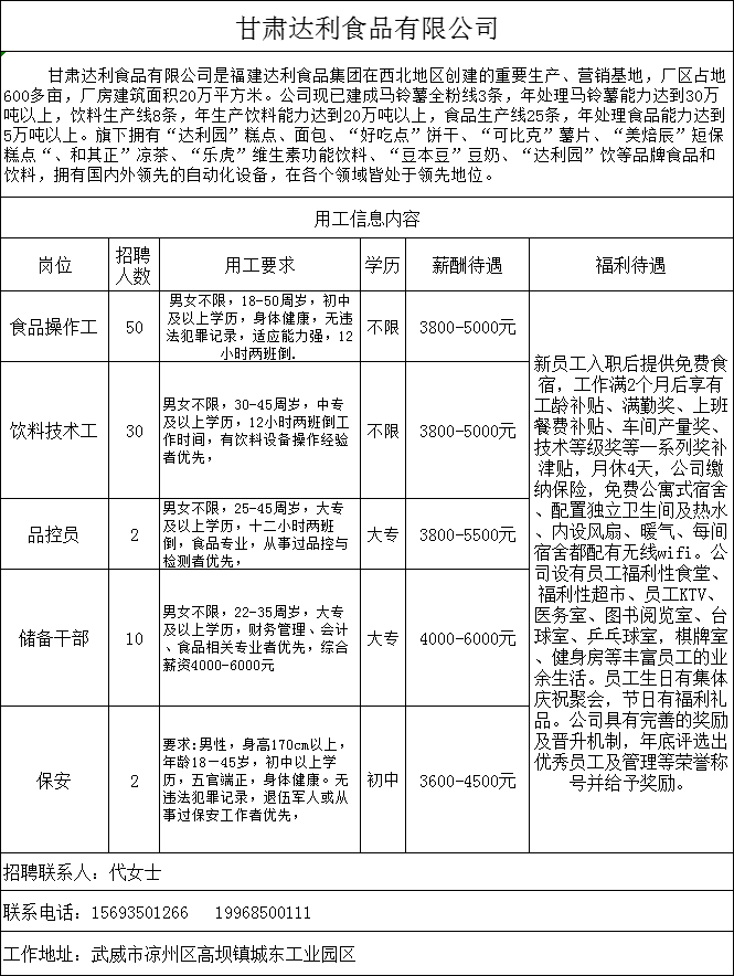 武威达利园招聘信息 - 配图1
