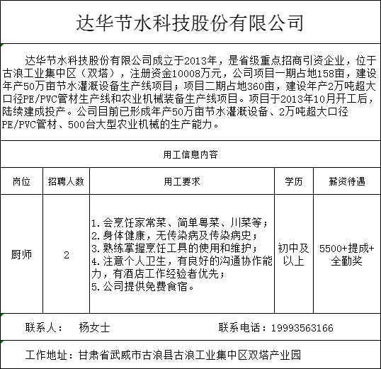 达华节水公司招聘信息 - 配图1