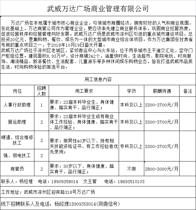 武威万达招聘信息 - 配图1